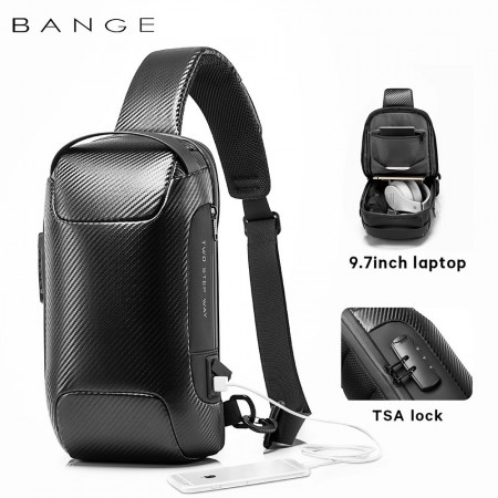 Рюкзак з однією лямкою Сумка слінг Bange (BGS22085 Plus Carbon Black) з USB 3.0 Micro USB Чорний